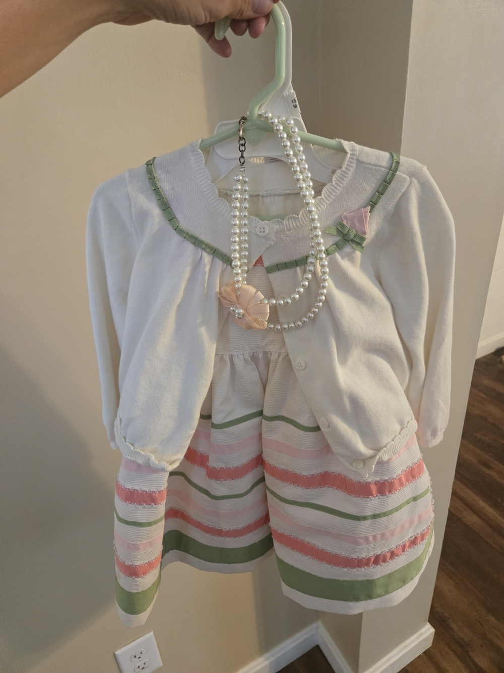 Gymboree White Cardigan with Pink and Green Striped Dress
